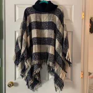 Turtleneck Fringe Poncho - Blue/gray/oatmeal